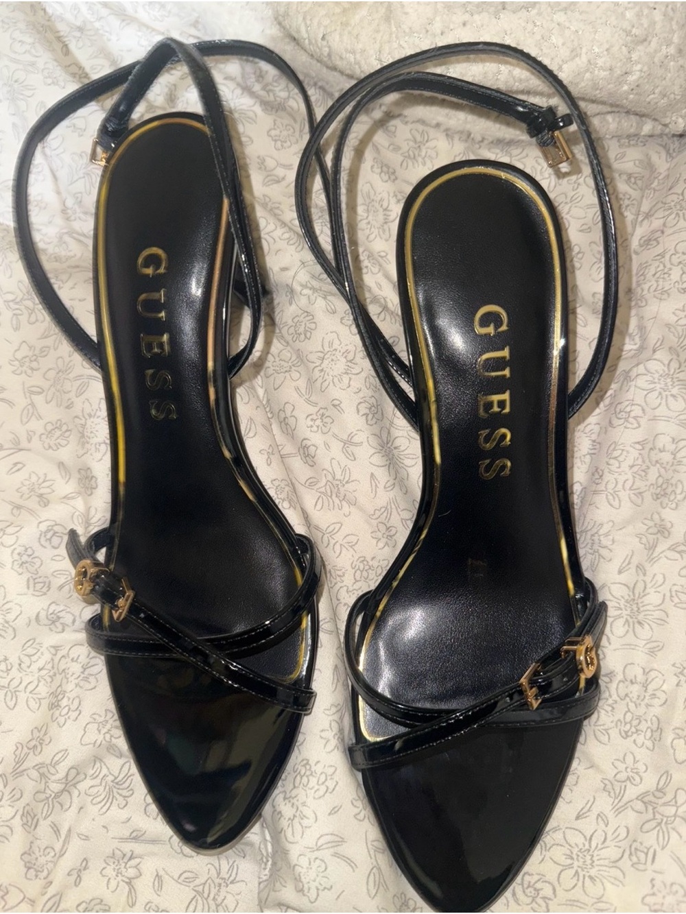 GUESS Black Patent Pointed-Toe Strappy Heels with Gold Accents